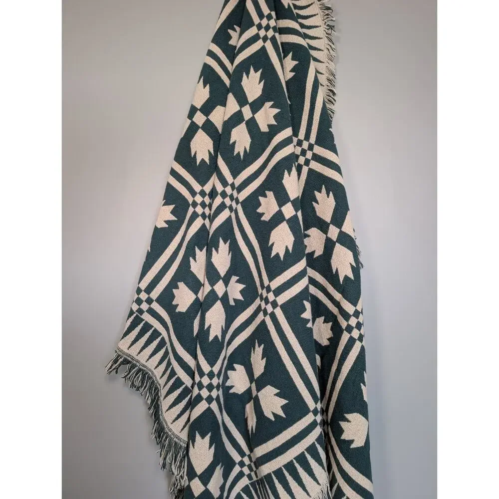 Antique Style Woven Coverlet Throw Teal Green Cabin Americana Blanket